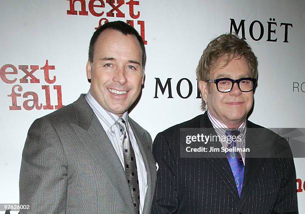 Producers David Furnish and Sir Elton John attend a VIP performance of "Next Fall" on Broadway at the Helen Hayes Theatre on March 10, 2010 in New...