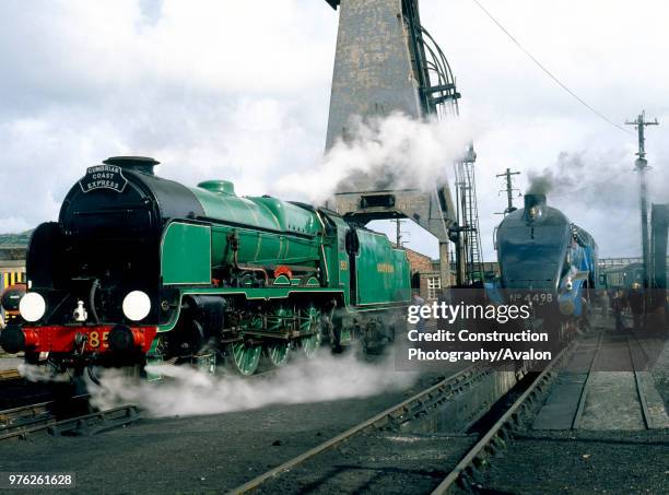 Carnforth. Nos.850 Lord Nelson and 4498 Sir Nigel Gresley being prepared for the Cumbrian Coast Express. .