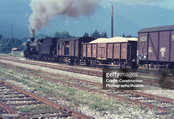 Karl Golsdorf designed 0-10-0s classified 28 by the Yugoslav State Railways at work in Slovenia between Jesenice and Nova Gorizia in August 1972.