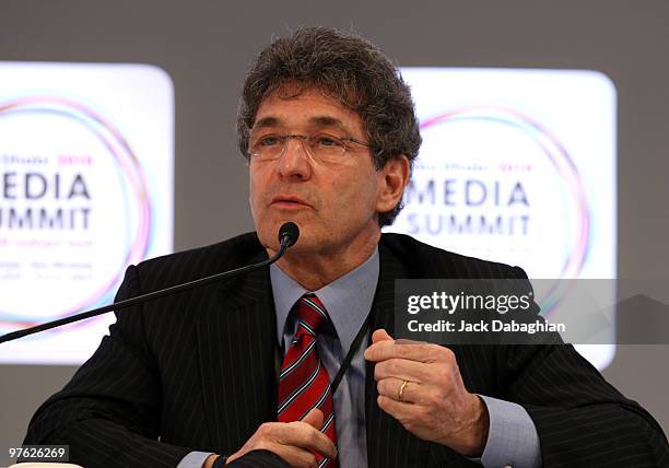 Warner Bros President and COO Alan Horn gestures during a panel discussion at the Abu Dhabi Media Summit on March 11, 2010 in Abu Dhabi, United Arab...