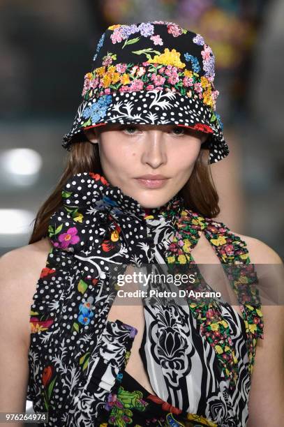 Grace Elizabeth walks the runway at the Versace show during Milan Men's Fashion Week Spring/Summer 2019 on June 16, 2018 in Milan, Italy.