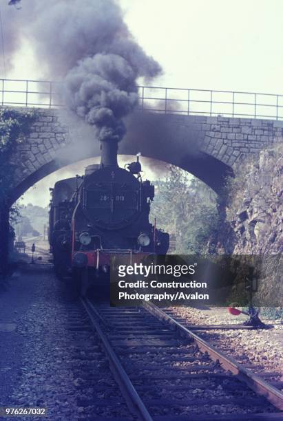 Yugoslav Railways 28 Class 0-10-0 at Stanjel on the line between Nova Gorica and Sezana in August 1972. These former Austrian 0-10-0 were designed by...