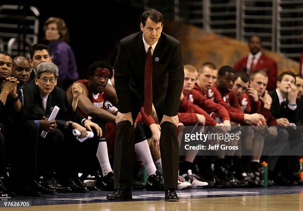 Washington State Cougars head coach Ken Bone looks on against the Oregon Ducks during the first round of the Pac-10 Basketball Tournament at Staples...