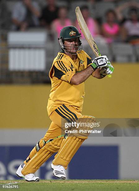 Ricky Ponting of Australia bats during the fourth One Day International match between New Zealand and Australia at Eden Park on March 11, 2010 in...