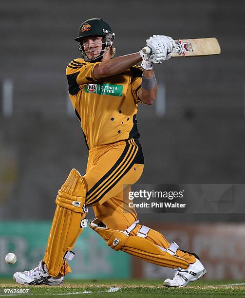 Shane Watson of Australia bats during the fourth One Day International match between New Zealand and Australia at Eden Park on March 11, 2010 in...