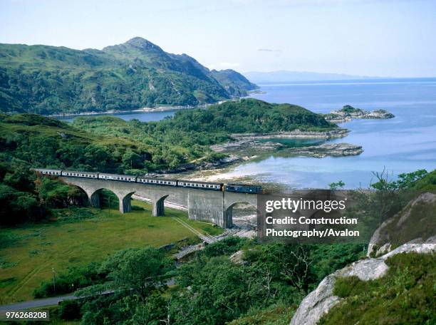 West Highland Line. No 37043 Loch Lomond crosses the viaduct at the head of Loch nan Uamh with the 10:05 ex Fort William for Mallaig. , United...