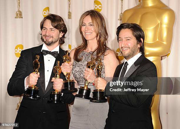 Screenwriter Mark Boal, director Kathryn Bigelow and producer Greg Shapiro and winners of the Best Picture award for 'The Hurt Locker' pose in the...