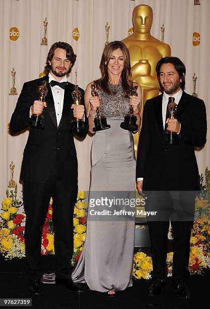 Screenwriter Mark Boal, director Kathryn Bigelow and producer Greg Shapiro and winners of the Best Picture award for 'The Hurt Locker' pose in the...