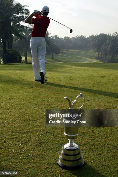 Marcus Both of Australia tees off on the 1st tee during Asian International Final Qualifying for The Open at Saujana Golf and Country Club on March...