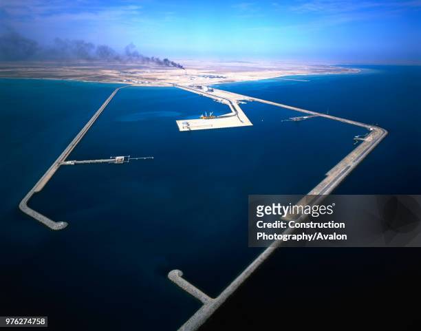 Aerial view of Liquid Natural Gas Refinery and harbour, Qatar.