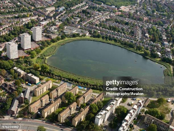 Aerial view North London reservoir and housing estates between Stratford and West Ham, London, UK.