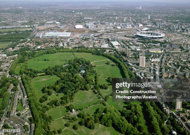 Aerial view of Victoria Park and the Olympic site, London, UK, UK.