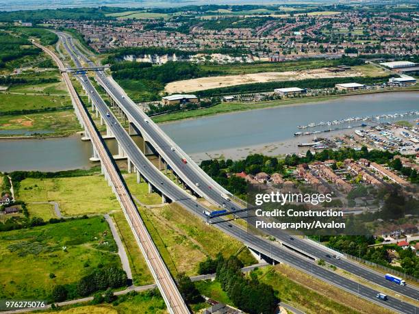 Aerial view of Medway Bridge, Kent, UK.