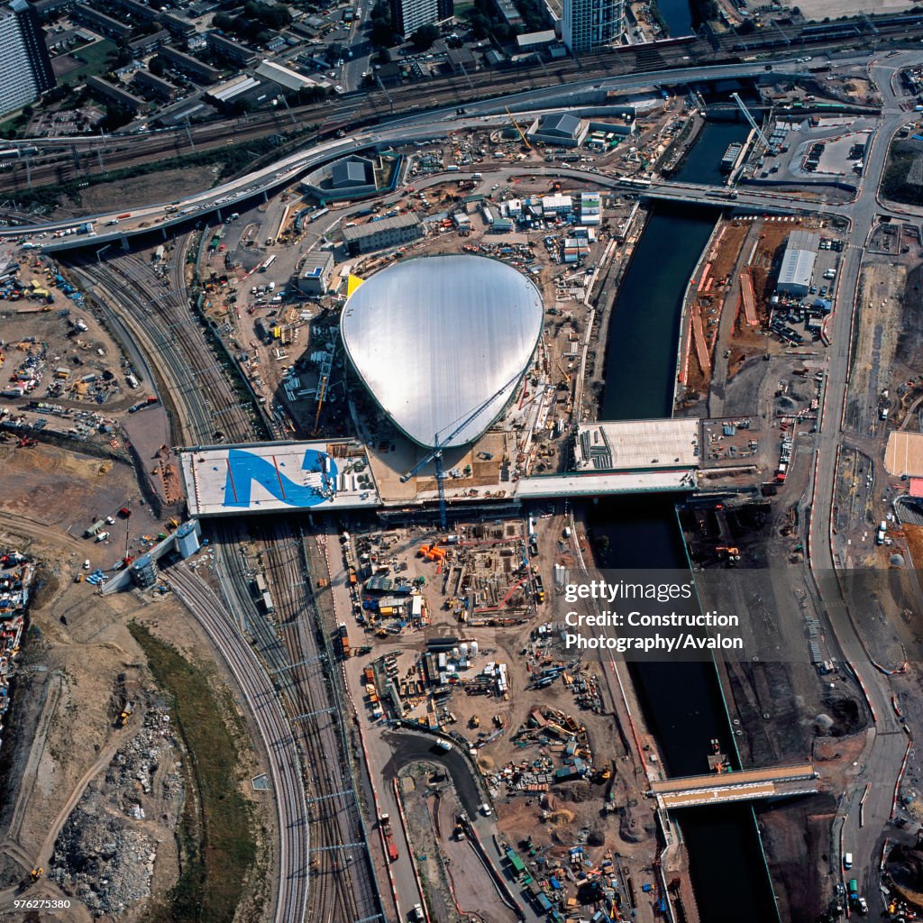 Aerial view of the Aquatics Centre during construction, London, UK.
