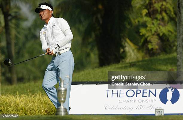 Danny Chia of Malaysia watches his tee shot on the 1st tee during Asian International Final Qualifying for The Open at Saujana Golf and Country Club...