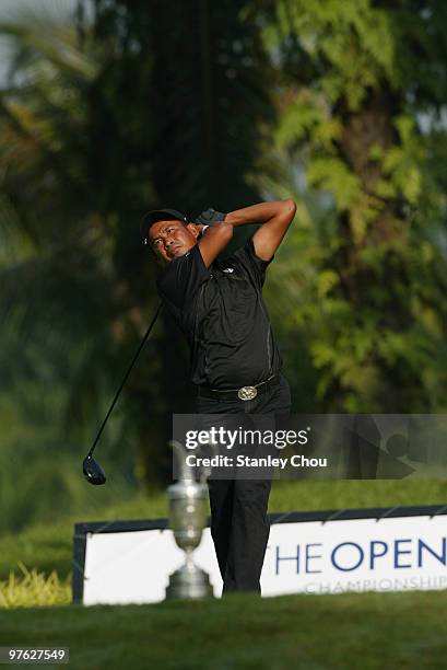 Thaworn Wiratchant of Thailand tees off on the 1st tee during Asian International Final Qualifying for The Open at Saujana Golf and Country Club on...