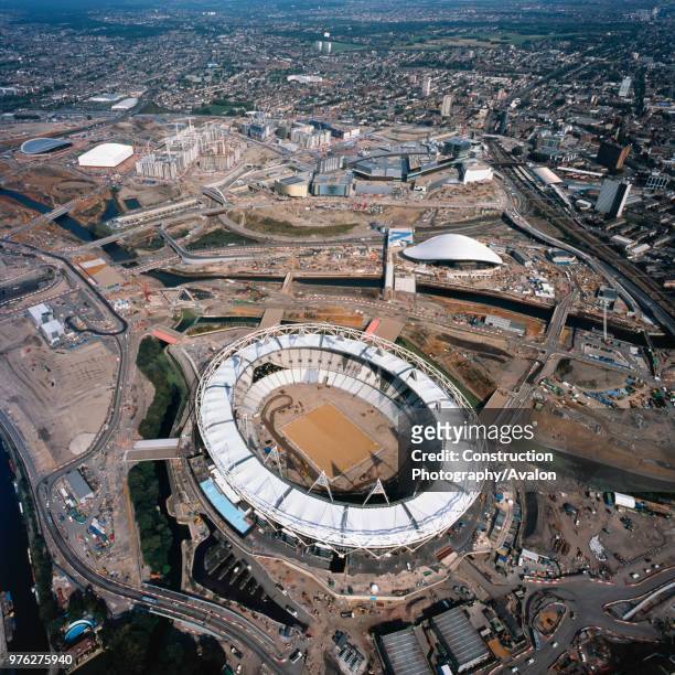 Aerial view of the Olympic Stadium and Aquatics Centre during construction, London, UK.