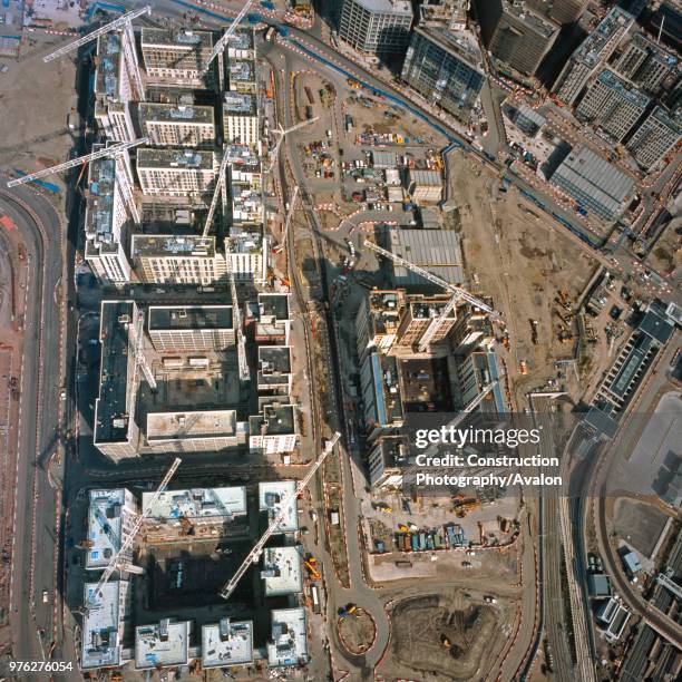 Aerial view of the Olympic Village during construction, London, UK.