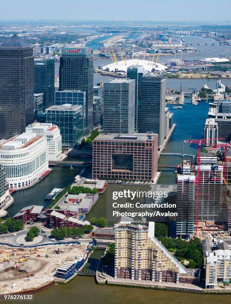 Docklands and the Millennium Dome, now the O2 arena, London, UK, aerial view.