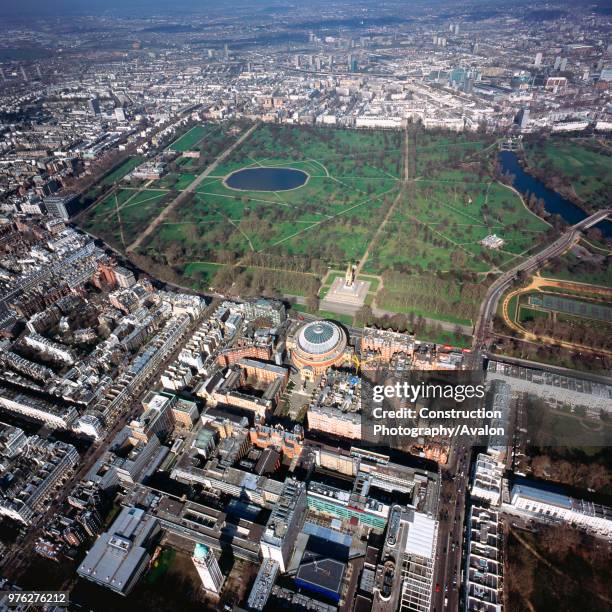 Aerial view of the Royal Albert Hall and Kensington Gardens, London, UK.