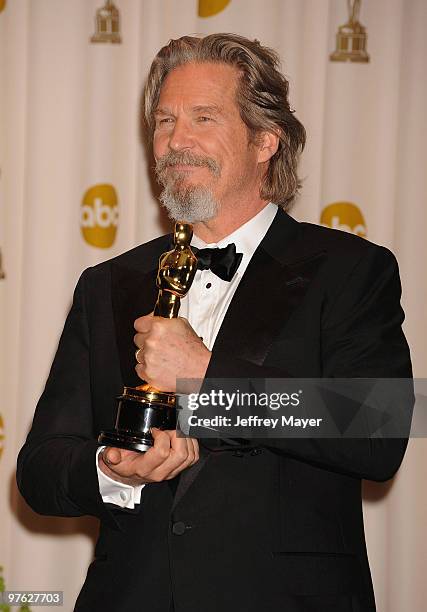 Actor Jeff Bridges, winner of Best Actor award for 'Crazy Heart and ' poses in the press room at the 82nd Annual Academy Awards at the Kodak Theatre...