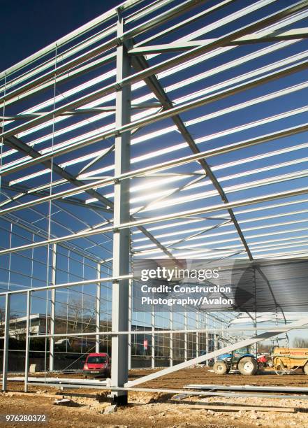 Steel shell during warehouse construction, Hemel Hempstead, Hertfordshire, UK.