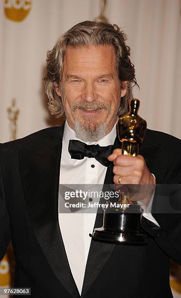 Actor Jeff Bridges, winner of Best Actor award for 'Crazy Heart and ' poses in the press room at the 82nd Annual Academy Awards at the Kodak Theatre...