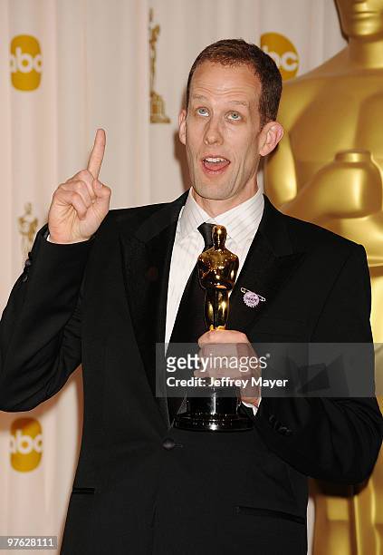 Director Pete Docter and winner of Best Animated Feature award for 'Up' poses in the press room at the 82nd Annual Academy Awards at the Kodak...