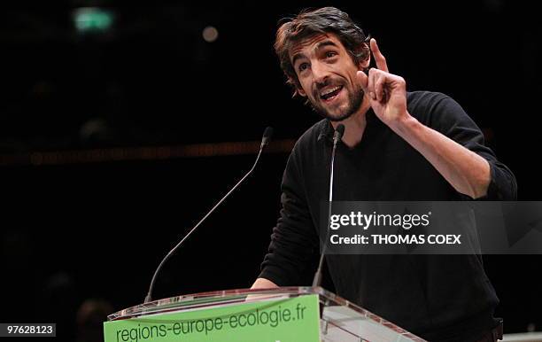 Augustin Legrand, third on the Europe Ecologie party list in Paris for the French Regional election, delivers a speech during a campaign meeting in...
