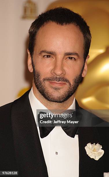 Designer/presenter Tom Ford poses in the press room at the 82nd Annual Academy Awards at the Kodak Theatre on March 7, 2010 in Hollywood, California.