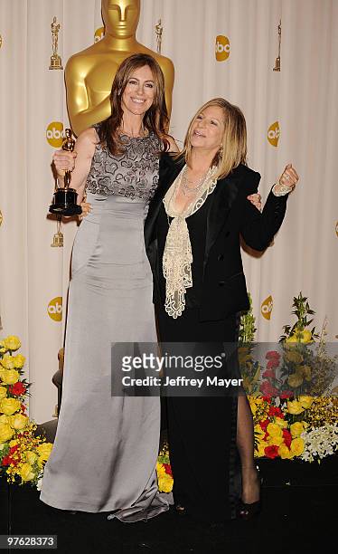 Director Kathryn Bigelow and winner of Best Director award for 'The Hurt Locker' with presenter Barbra Streisand at pose in the press room at the...