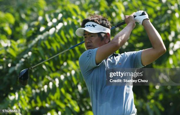 Hiroyuki Fujita of Japan tees off on the 3rd hole during Asian International Final Qualifying for The Open at Saujana Golf and Country Club on March...