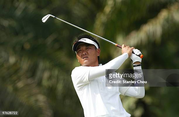 Danny Chia of Malaysai tees off on the 5th hole during Asian International Final Qualifying for The Open at Saujana Golf and Country Club on March...