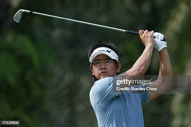 Hiroyuki Fujita of Japan tees off on the 5th hole during Asian International Final Qualifying for The Open at Saujana Golf and Country Club on March...