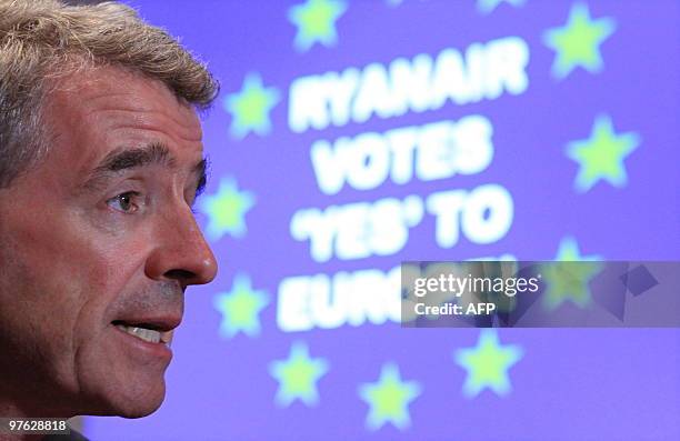 Irish airline Ryanair boss Micheal O'Leary addresses the media at a press conference on the Lisbon Treaty in Dublin, Ireland, on September 29, 2009....