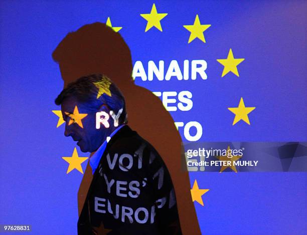 Irish airline Ryanair boss Micheal O'Leary arrives for a press conference to voice his support for the Lisbon Treaty in Dublin, Ireland, on September...