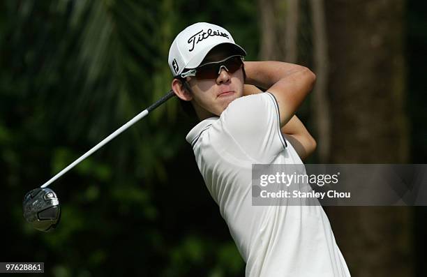 Noh Seung-Yul of South Korea watches his tee shot on the 4th hole during Asian International Final Qualifying for The Open at Saujana Golf and...