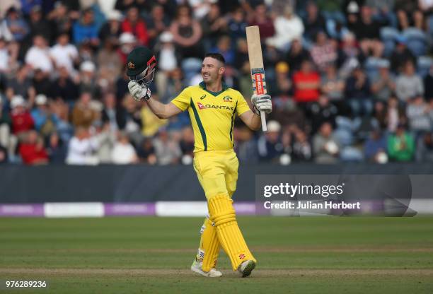 Shaun Marsh of Australia celebrates his century during the 2nd Royal London ODI match between England and Australia at SWALEC Stadium on June 16,...