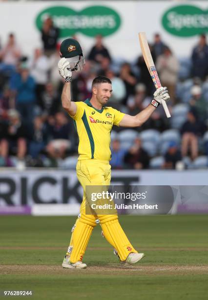 Shaun Marsh of Australia celebrates his century during the 2nd Royal London ODI match between England and Australia at SWALEC Stadium on June 16,...