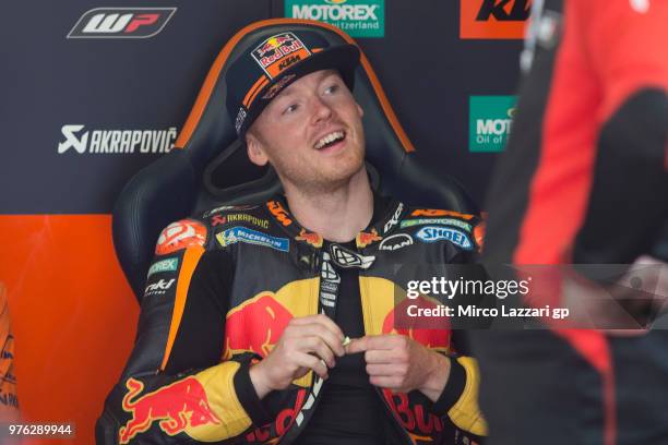 Bradley Smith of Great Britain and Red Bull KTM Factory Racing smiles in box during the qualifying practice during the MotoGp of Catalunya -...