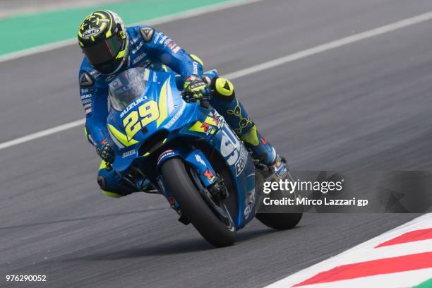 Andrea Iannone of Italy and Team Suzuki ECSTAR heads down a straight during the qualifying practice during the MotoGp of Catalunya - Qualifying at...