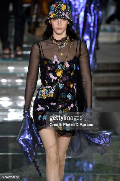 Vittoria Ceretti walks the runway at the Versace show during Milan Men's Fashion Week Spring/Summer 2019 on June 16, 2018 in Milan, Italy.