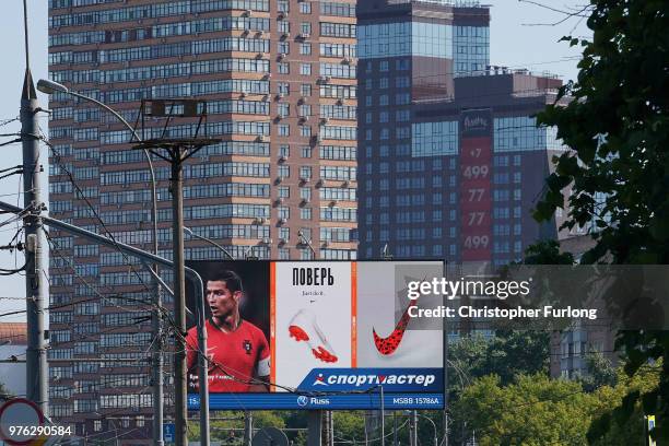 Billboard shows Portugal's Cristiano Ronaldo advertising Nike sportswear in the Moscow suburb of Timiryazevskaya during the World Cup on June 16,...