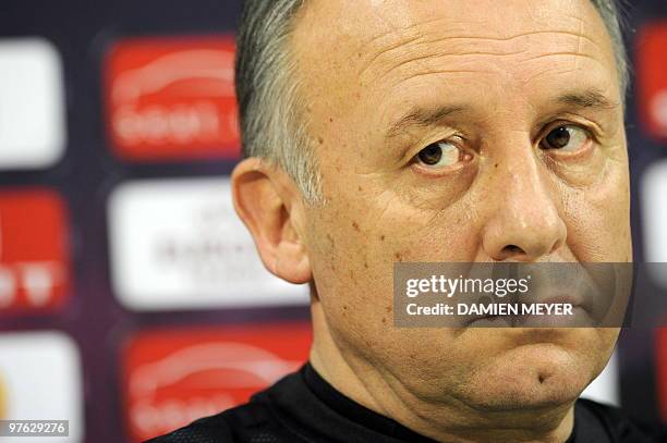 Juventus' coach Alberto Zaccheroni listens during a press conference on the eve of his team's UEFA Europa League football round of 16 match against...