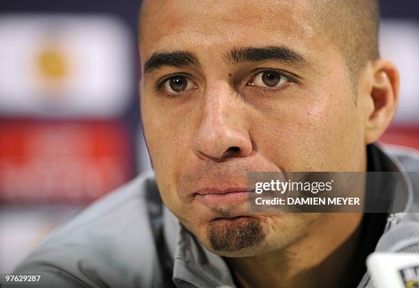 Juventus French forward David Trezeguet listens during a press conference on the eve of his team's UEFA Europa League football round of 16 match...