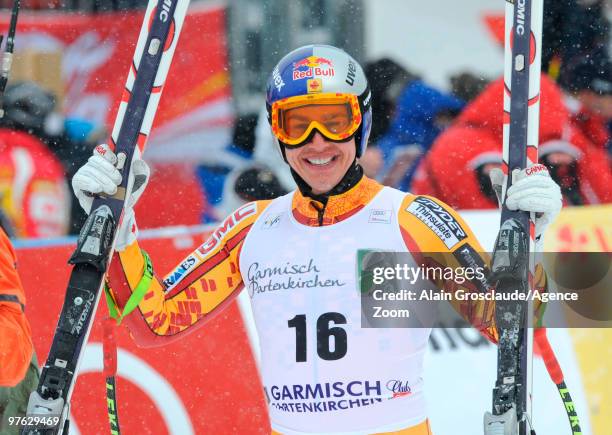 Erik Guay of Canada smiles after winning the globe for the overall World Cup Super G during the Audi FIS Alpine Ski World Cup Men's Super G on March...