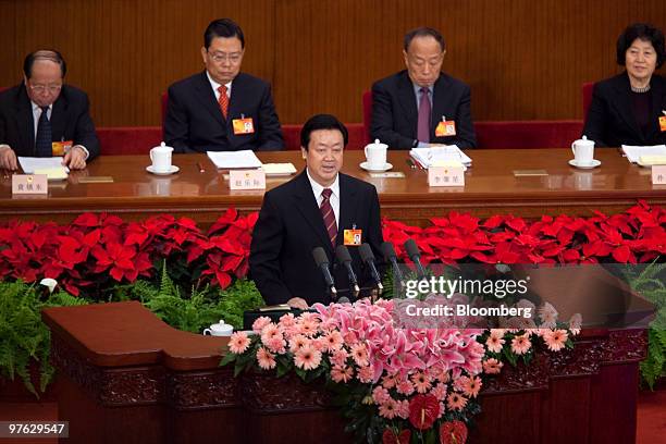 Wang Shengjun, president of China's Supreme People's court, speaks during a plenary session at the National People's Congress in the Great Hall of...