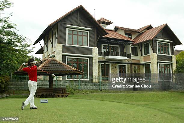 Tomohiro Kondo of Japan tees off on the 17th hole during Asian International Final Qualifying for The Open at Saujana Golf and Country Club on March...