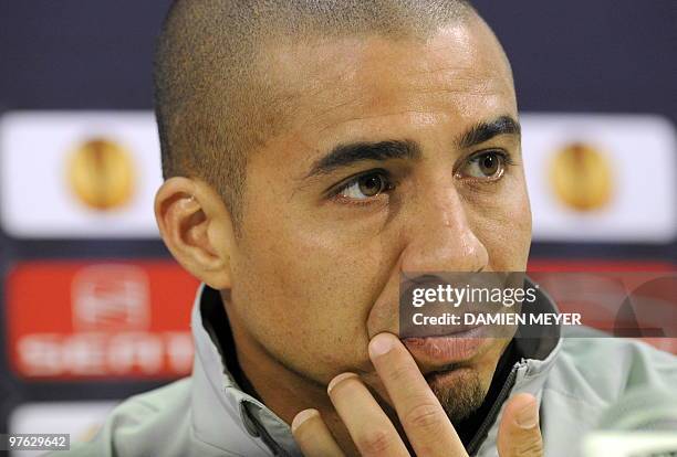 Juventus French forward David Trezeguet listens during a press conference on the eve of his team's UEFA Europa League football round of 16 match...