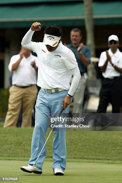 Danny Chia of Malaysia celebrates after sinking a birdie on the 18th hole during Asian International Final Qualifying for The Open at Saujana Golf...